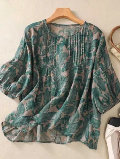 Women's Cotton Linen Shirts Floral Casual 3/4 Length Sleeve Crew Neck Regular Tops Daily Print Black Red Purple Green Summer