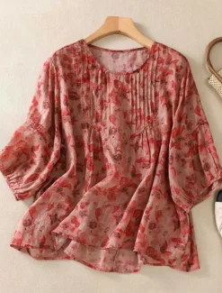Women's Cotton Linen Shirts Floral Casual 3/4 Length Sleeve Crew Neck Regular Tops Daily Print Black Red Purple Green Summer