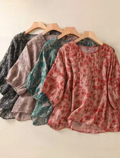 Women's Cotton Linen Shirts Floral Casual 3/4 Length Sleeve Crew Neck Regular Tops Daily Print Black Red Purple Green Summer