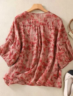 Women's Cotton Linen Shirts Floral Casual 3/4 Length Sleeve Crew Neck Regular Tops Daily Print Black Red Purple Green Summer