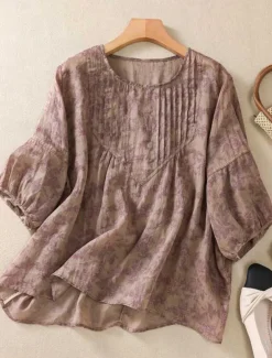 Women's Cotton Linen Shirts Floral Casual 3/4 Length Sleeve Crew Neck Regular Tops Daily Print Black Red Purple Green Summer