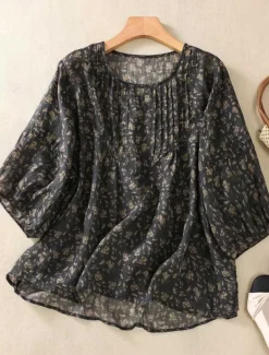 Women's Cotton Linen Shirts Floral Casual 3/4 Length Sleeve Crew Neck Regular Tops Daily Print Black Red Purple Green Summer