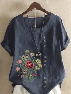 Women's Cotton Linen Shirts Floral Graphic Elegant Daily Basic Short Sleeve Crew Neck Regular Tops Daily Holiday Vacation Wear Buttons Grass Green White Yellow Army Green Navy Blue Summer