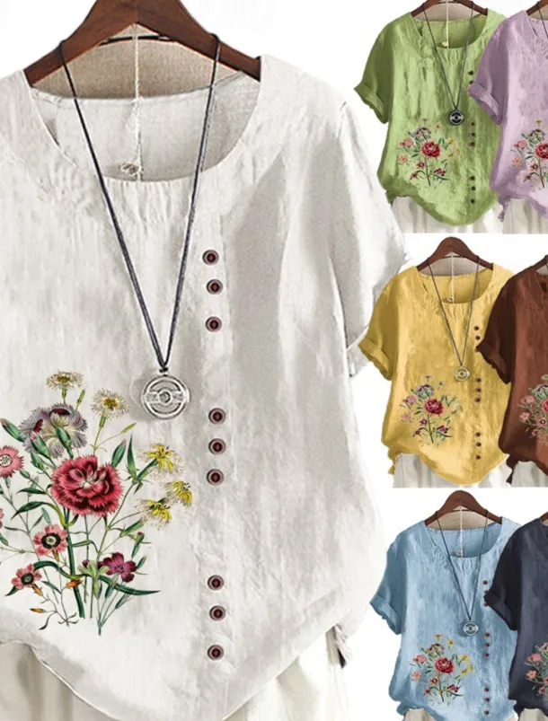 Women's Cotton Linen Shirts Floral Graphic Elegant Daily Basic Short Sleeve Crew Neck Regular Tops Daily Holiday Vacation Wear Buttons Grass Green White Yellow Army Green Navy Blue Summer