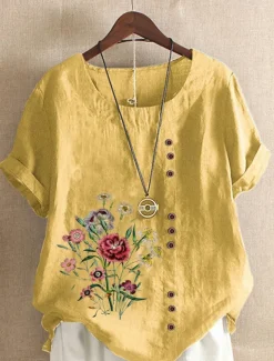 Women's Cotton Linen Shirts Floral Graphic Elegant Daily Basic Short Sleeve Crew Neck Regular Tops Daily Holiday Vacation Wear Buttons Grass Green White Yellow Army Green Navy Blue Summer