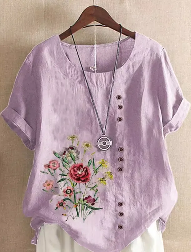 Women's Cotton Linen Shirts Floral Graphic Elegant Daily Basic Short Sleeve Crew Neck Regular Tops Daily Holiday Vacation Wear Buttons Grass Green White Yellow Army Green Navy Blue Summer