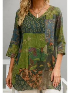Women's Cotton Linen Shirts Floral Graphic Bohemia Stylish Basic 3/4 Length Sleeve V Neck Regular Tops Daily Print Red Green Summer Spring