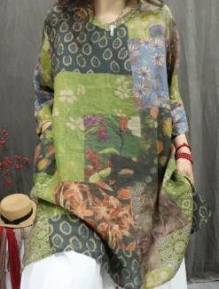 Women's Cotton Linen Shirts Floral Graphic Bohemia Stylish Basic 3/4 Length Sleeve V Neck Regular Tops Daily Print Red Green Summer Spring