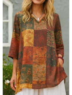 Women's Cotton Linen Shirts Floral Graphic Bohemia Stylish Basic 3/4 Length Sleeve V Neck Regular Tops Daily Print Red Green Summer Spring