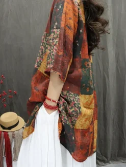 Women's Cotton Linen Shirts Floral Graphic Bohemia Stylish Basic 3/4 Length Sleeve V Neck Regular Tops Daily Print Red Green Summer Spring