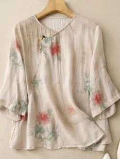 Women's Cotton Linen Shirts Floral Casual 3/4 Length Sleeve Crew Neck Regular Tops Daily Buttons Print Yellow Pink Green Summer