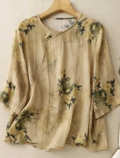 Women's Cotton Linen Shirts Floral Casual 3/4 Length Sleeve Crew Neck Regular Tops Daily Buttons Print Yellow Pink Green Summer
