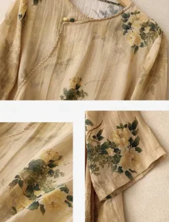 Women's Cotton Linen Shirts Floral Casual 3/4 Length Sleeve Crew Neck Regular Tops Daily Buttons Print Yellow Pink Green Summer