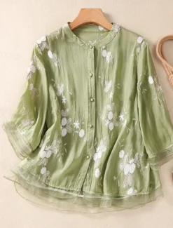 Women's Cotton Linen Shirts Floral Vintage Casual Long Sleeve High Neck Regular Tops Daily Embroidered Buttons Red Purple Green Apricot Summer