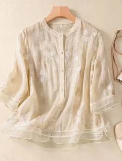 Women's Cotton Linen Shirts Floral Vintage Casual Long Sleeve High Neck Regular Tops Daily Embroidered Buttons Red Purple Green Apricot Summer