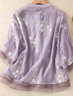 Women's Cotton Linen Shirts Floral Vintage Casual Long Sleeve High Neck Regular Tops Daily Embroidered Buttons Red Purple Green Apricot Summer