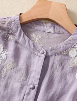 Women's Cotton Linen Shirts Floral Vintage Casual Long Sleeve High Neck Regular Tops Daily Embroidered Buttons Red Purple Green Apricot Summer