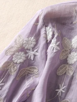 Women's Cotton Linen Shirts Floral Vintage Casual Long Sleeve High Neck Regular Tops Daily Embroidered Buttons Red Purple Green Apricot Summer