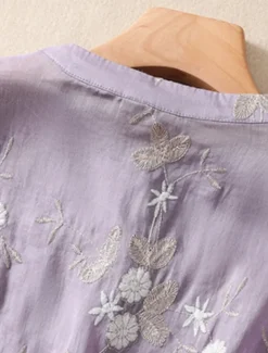 Women's Cotton Linen Shirts Floral Vintage Casual Long Sleeve High Neck Regular Tops Daily Embroidered Buttons Red Purple Green Apricot Summer