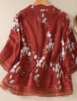 Women's Cotton Linen Shirts Floral Vintage Casual Long Sleeve High Neck Regular Tops Daily Embroidered Buttons Red Purple Green Apricot Summer