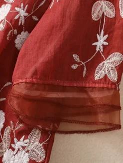 Women's Cotton Linen Shirts Floral Vintage Casual Long Sleeve High Neck Regular Tops Daily Embroidered Buttons Red Purple Green Apricot Summer