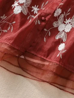 Women's Cotton Linen Shirts Floral Vintage Casual Long Sleeve High Neck Regular Tops Daily Embroidered Buttons Red Purple Green Apricot Summer