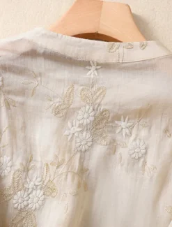 Women's Cotton Linen Shirts Floral Vintage Casual Long Sleeve High Neck Regular Tops Daily Embroidered Buttons Red Purple Green Apricot Summer