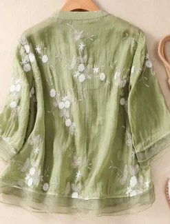 Women's Cotton Linen Shirts Floral Vintage Casual Long Sleeve High Neck Regular Tops Daily Embroidered Buttons Red Purple Green Apricot Summer