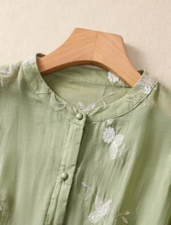 Women's Cotton Linen Shirts Floral Vintage Casual Long Sleeve High Neck Regular Tops Daily Embroidered Buttons Red Purple Green Apricot Summer