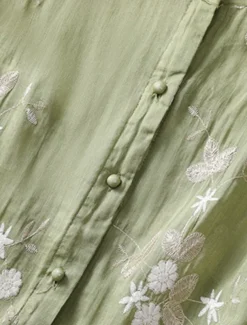 Women's Cotton Linen Shirts Floral Vintage Casual Long Sleeve High Neck Regular Tops Daily Embroidered Buttons Red Purple Green Apricot Summer