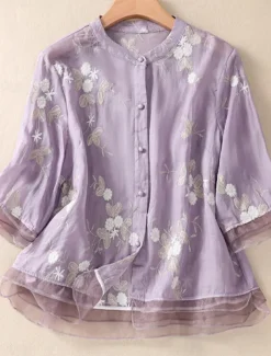 Women's Cotton Linen Shirts Floral Vintage Casual Long Sleeve High Neck Regular Tops Daily Embroidered Buttons Red Purple Green Apricot Summer