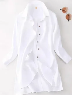 Women's Cotton Linen Shirts Solid Color Stylish Basic Casual Long Sleeve Shirt Collar Long Tops Daily Buttons White Army Green Khaki Summer Fall