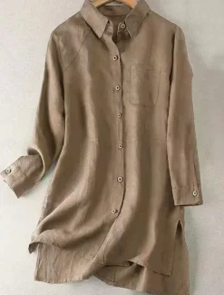 Women's Cotton Linen Shirts Solid Color Stylish Basic Casual Long Sleeve Shirt Collar Long Tops Daily Buttons White Army Green Khaki Summer Fall