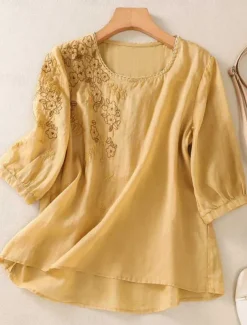 Women's Cotton Linen Shirts Solid Color Basic Casual 3/4 Length Sleeve Crew Neck Regular Tops Daily Embroidered Yellow Purple Green Gray Summer