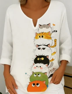 Women's Cotton Linen Shirt Graphic Animal Abstract Elegant Bohemia Vintage Long Sleeve V Neck Regular Tops Daily Holiday White Orange Summer Spring