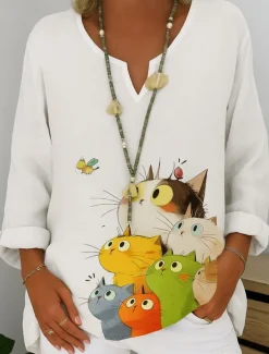 Women's Cotton Linen Shirt Graphic Animal Abstract Elegant Bohemia Vintage Long Sleeve V Neck Regular Tops Daily Holiday White Orange Summer Spring