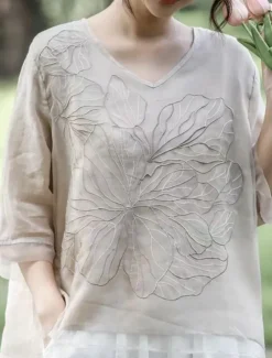 Women's Cotton Linen Shirts Solid Color Basic Casual 3/4 Length Sleeve V Neck Regular Tops Daily Embroidered Navy Blue Blue Purple Orange Apricot Summer