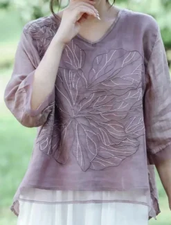 Women's Cotton Linen Shirts Solid Color Basic Casual 3/4 Length Sleeve V Neck Regular Tops Daily Embroidered Navy Blue Blue Purple Orange Apricot Summer