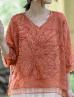 Women's Cotton Linen Shirts Solid Color Basic Casual 3/4 Length Sleeve V Neck Regular Tops Daily Embroidered Navy Blue Blue Purple Orange Apricot Summer