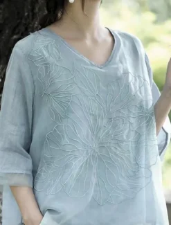 Women's Cotton Linen Shirts Solid Color Basic Casual 3/4 Length Sleeve V Neck Regular Tops Daily Embroidered Navy Blue Blue Purple Orange Apricot Summer