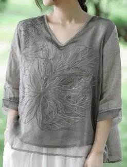 Women's Cotton Linen Shirts Solid Color Basic Casual 3/4 Length Sleeve V Neck Regular Tops Daily Embroidered Navy Blue Blue Purple Orange Apricot Summer