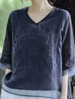 Women's Cotton Linen Shirts Solid Color Basic Casual 3/4 Length Sleeve V Neck Regular Tops Daily Embroidered Navy Blue Blue Purple Orange Apricot Summer