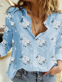 Women's Cotton Linen Shirt Floral Daily Casual Long Sleeve Shirt Collar Regular Tops Daily Buttons Print White Yellow Blue Summer
