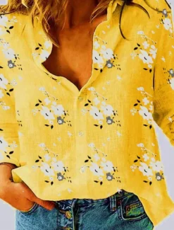 Women's Cotton Linen Shirt Floral Daily Casual Long Sleeve Shirt Collar Regular Tops Daily Buttons Print White Yellow Blue Summer
