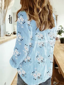 Women's Cotton Linen Shirt Floral Daily Casual Long Sleeve Shirt Collar Regular Tops Daily Buttons Print White Yellow Blue Summer