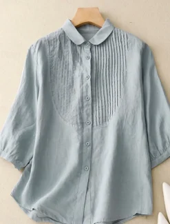 Women's Cotton Linen Shirts Solid Color Stylish Basic Casual 3/4 Length Sleeve Shirt Collar Regular Tops Daily Buttons White Pink Light Blue Summer