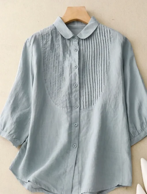 Women's Cotton Linen Shirts Solid Color Stylish Basic Casual 3/4 Length Sleeve Shirt Collar Regular Tops Daily Buttons White Pink Light Blue Summer
