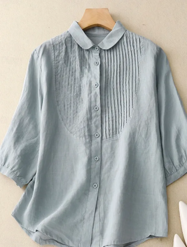 Women's Cotton Linen Shirts Solid Color Stylish Basic Casual 3/4 Length Sleeve Shirt Collar Regular Tops Daily Buttons White Pink Light Blue Summer