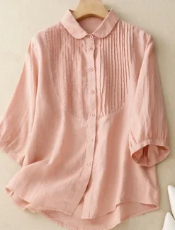 Women's Cotton Linen Shirts Solid Color Stylish Basic Casual 3/4 Length Sleeve Shirt Collar Regular Tops Daily Buttons White Pink Light Blue Summer