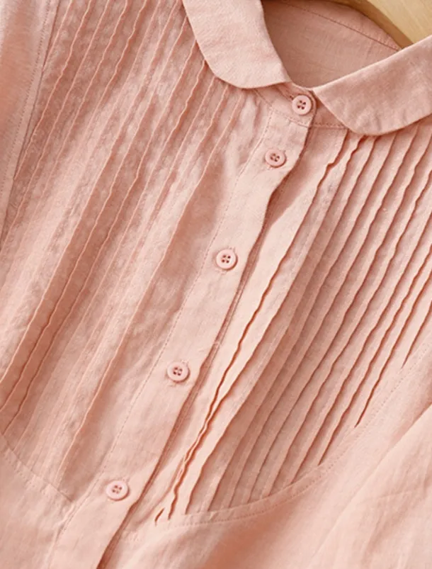 Women's Cotton Linen Shirts Solid Color Stylish Basic Casual 3/4 Length Sleeve Shirt Collar Regular Tops Daily Buttons White Pink Light Blue Summer